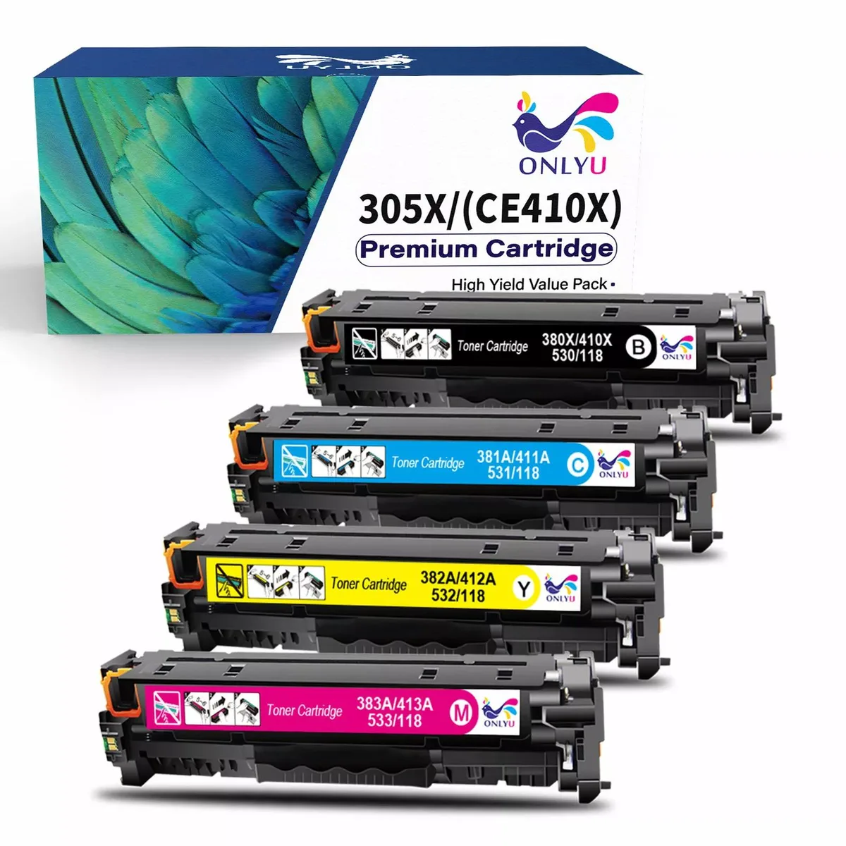 Four boxed toner cartridges in black cyan magenta yellow
