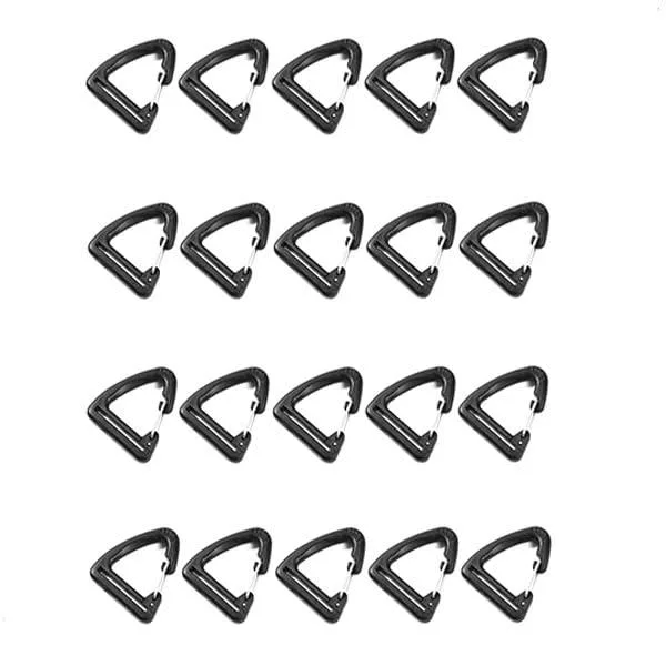Twenty black plastic triangle carabiners, one inch, spring gate