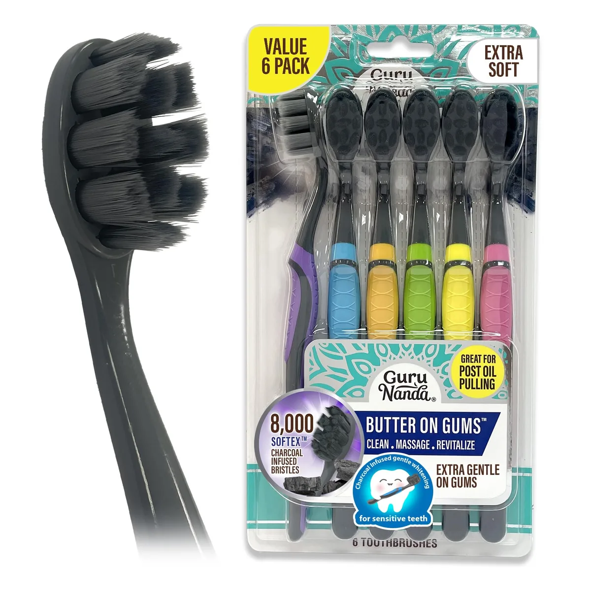 Six multicolour manual toothbrushes with charcoal-infused extra-soft bristles and rubberised handles