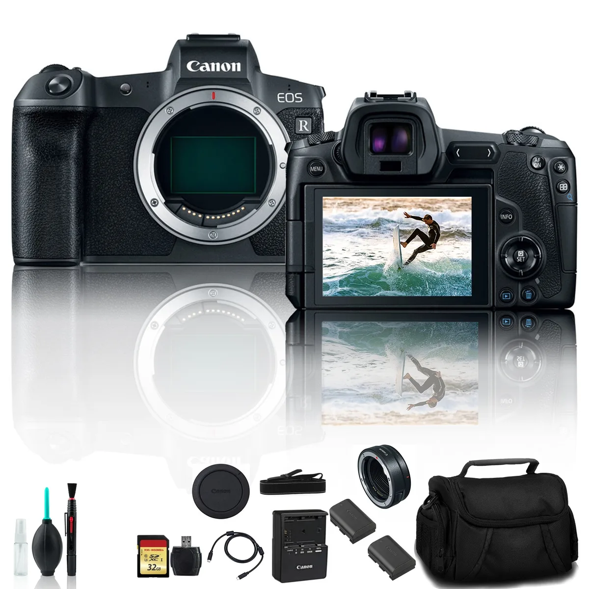 Black Canon EOS R mirrorless camera with EF mount adapter, extra battery, shoulder bag and 32GB card