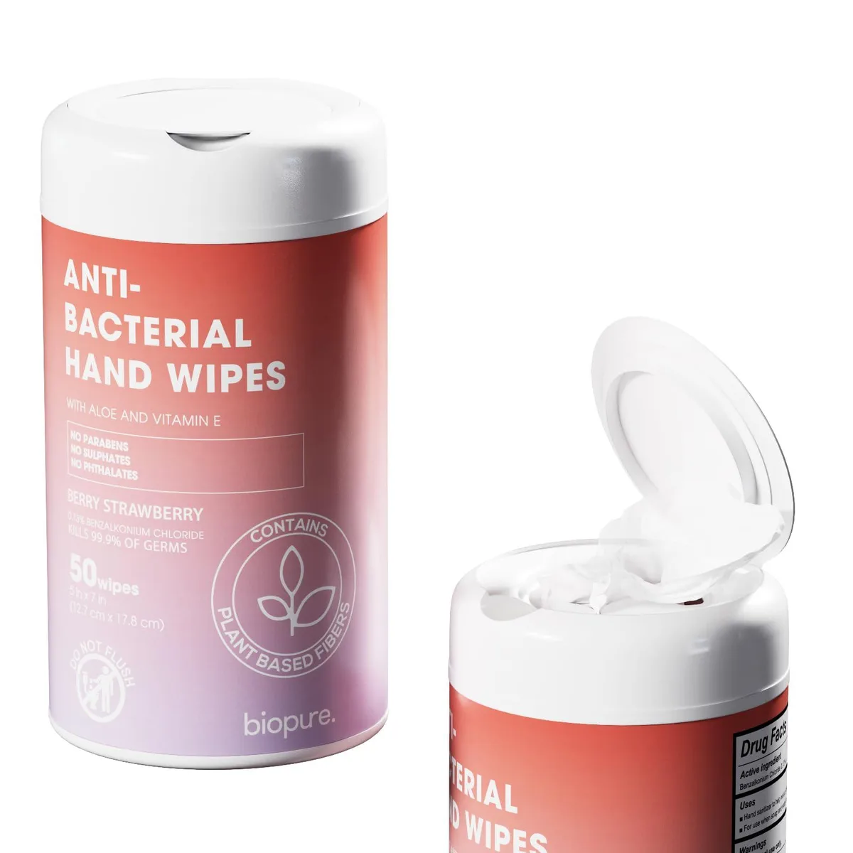 Cylindrical canister of strawberry-scented antibacterial wipes, plant-based fibres, 50 count