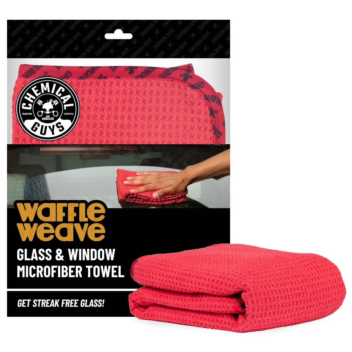  Chemical Guys MIC707 Waffle Weave Glass &amp; Window Microfiber Towel Red 24x16 exterior care — product photo