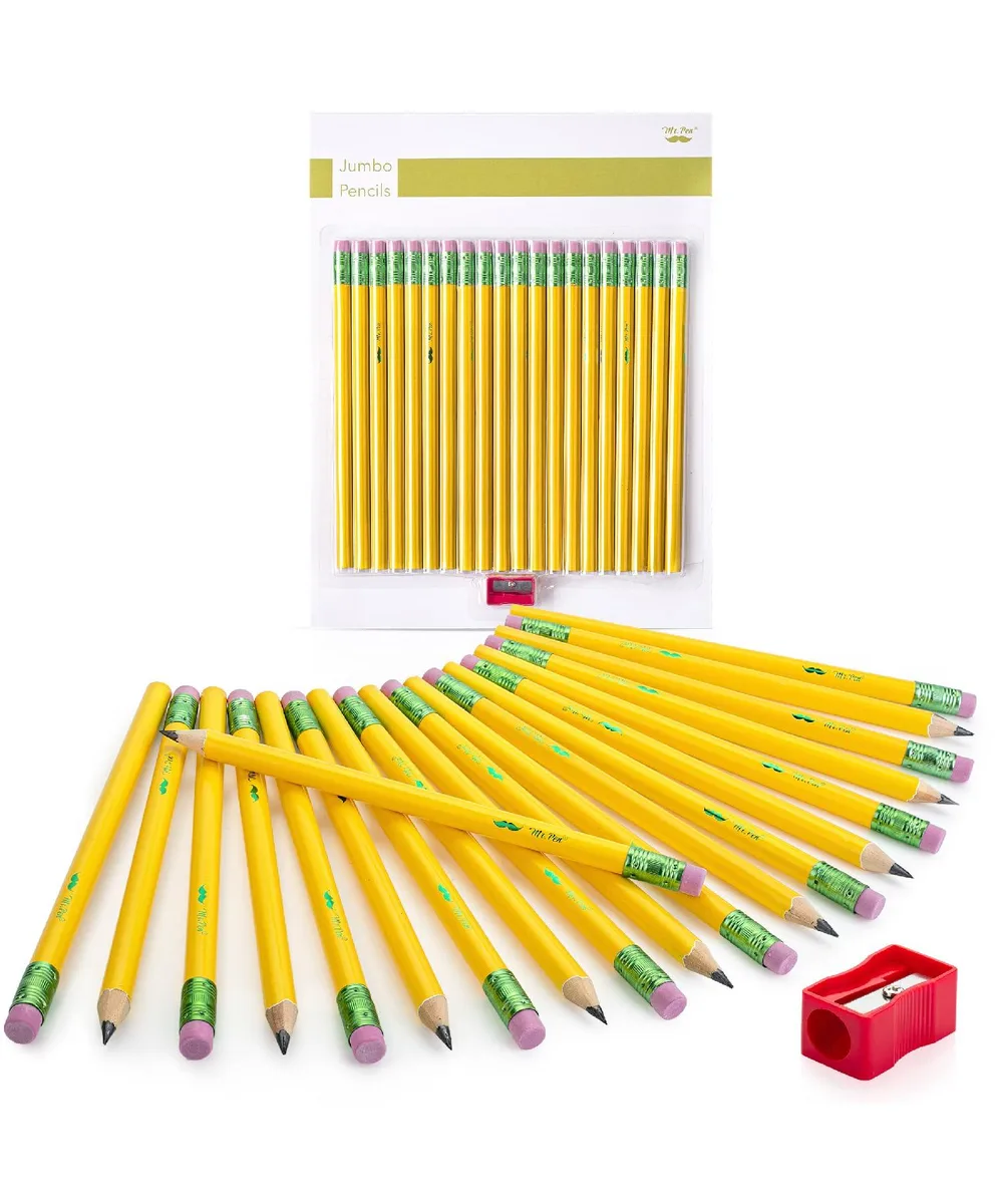 Yellow jumbo pencils in a pack with a sharpener