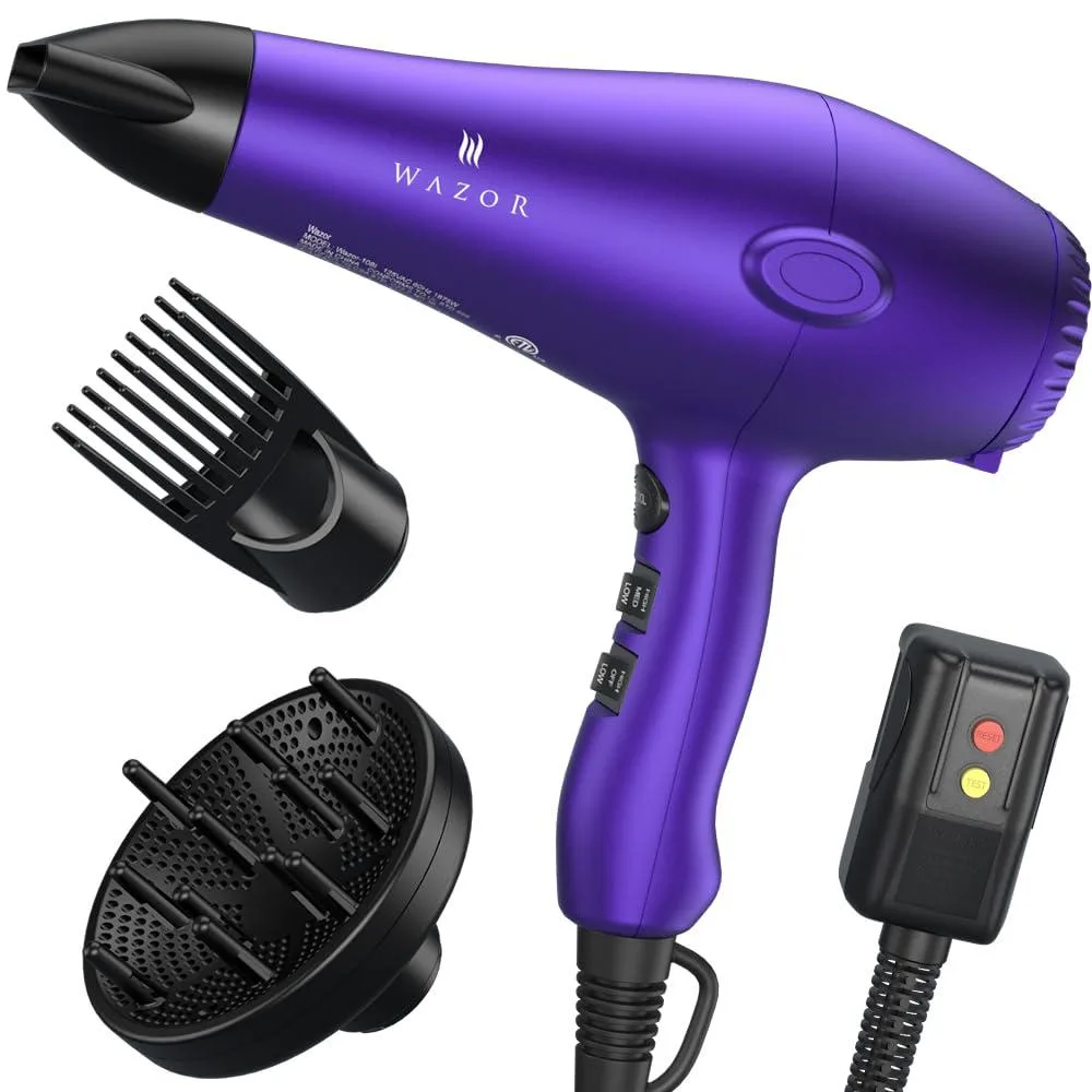 Purple ionic hair dryer with diffuser nozzle comb attachments