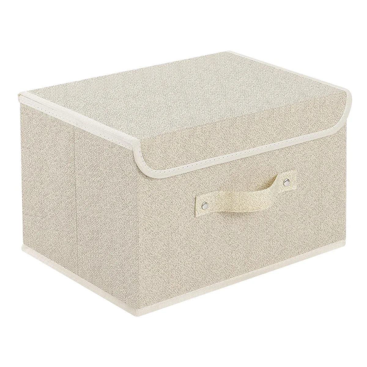 Collapsible fabric storage box with lid and handle, grey beige finish