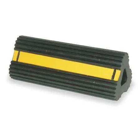 Black rubber wheel chock, 10 inches wide, grooved tread, yellow reflective tape