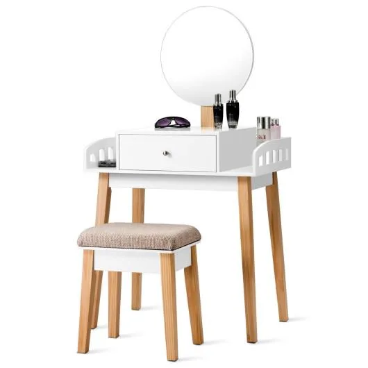 White wooden vanity table with round mirror, drawer and matching stool