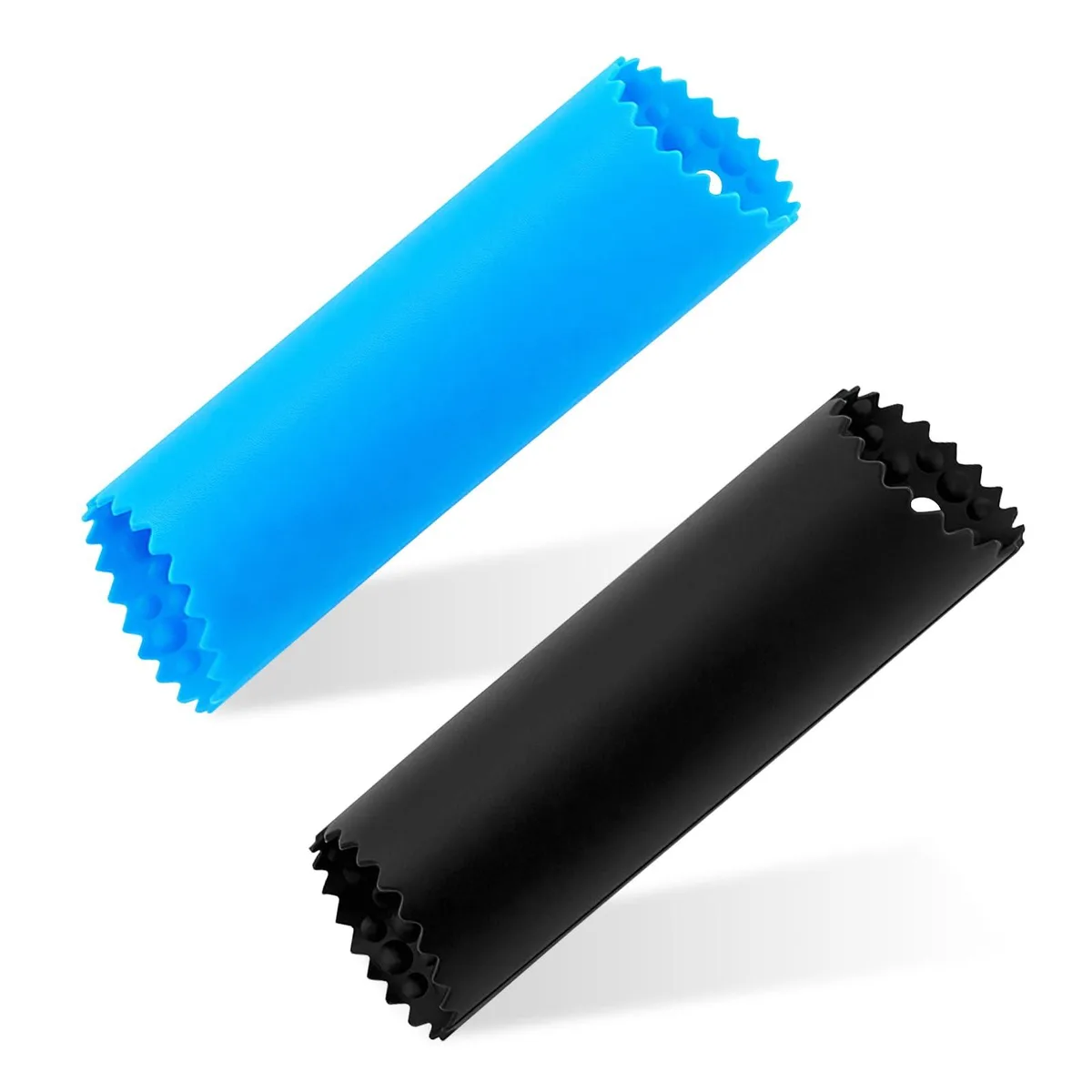Two silicone garlic peelers, black and blue, tubular shape with hanging holes