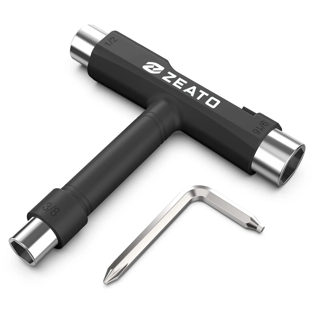 Black T-shaped skate tool with three sockets and slide-out screwdriver