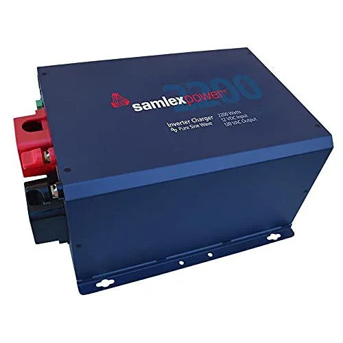 Rectangular grey metal inverter-charger unit with ventilation grilles and front panel controls