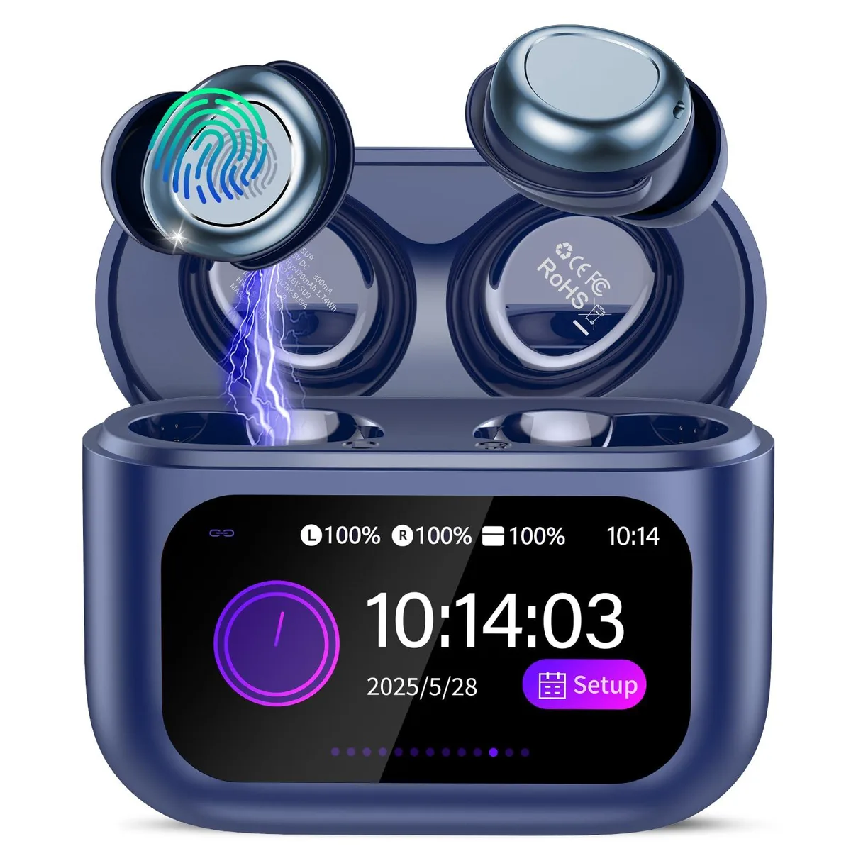 Tiny blue in-ear buds with a matching touchscreen charging case