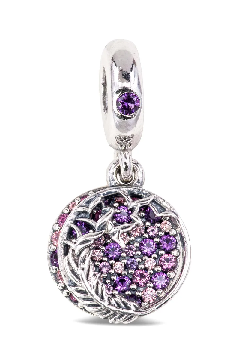 Sterling silver feather charm with sliding openwork front and pink crystal pave back dangle