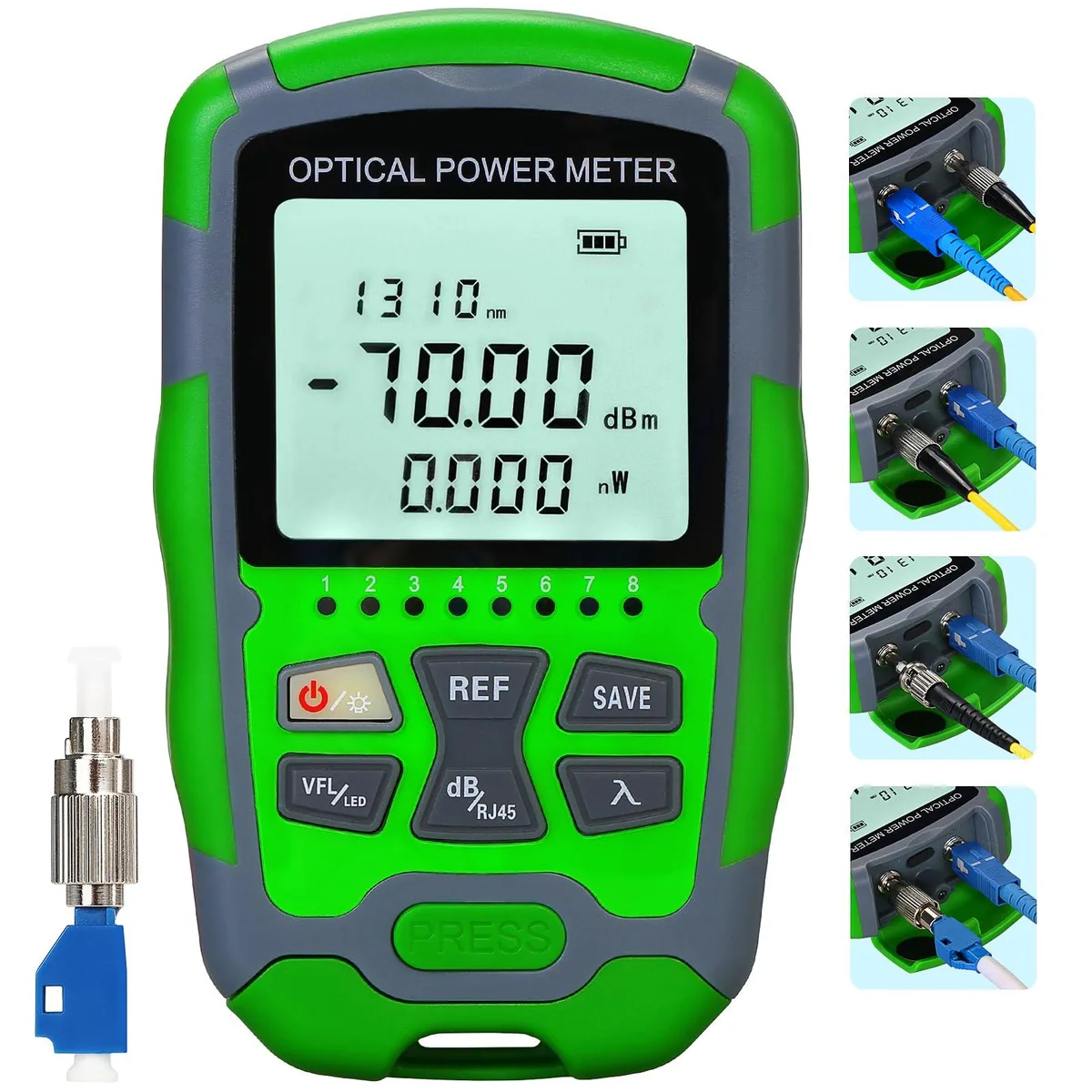 Compact optical power meter with SC FC ST LC ports and backlit LCD display