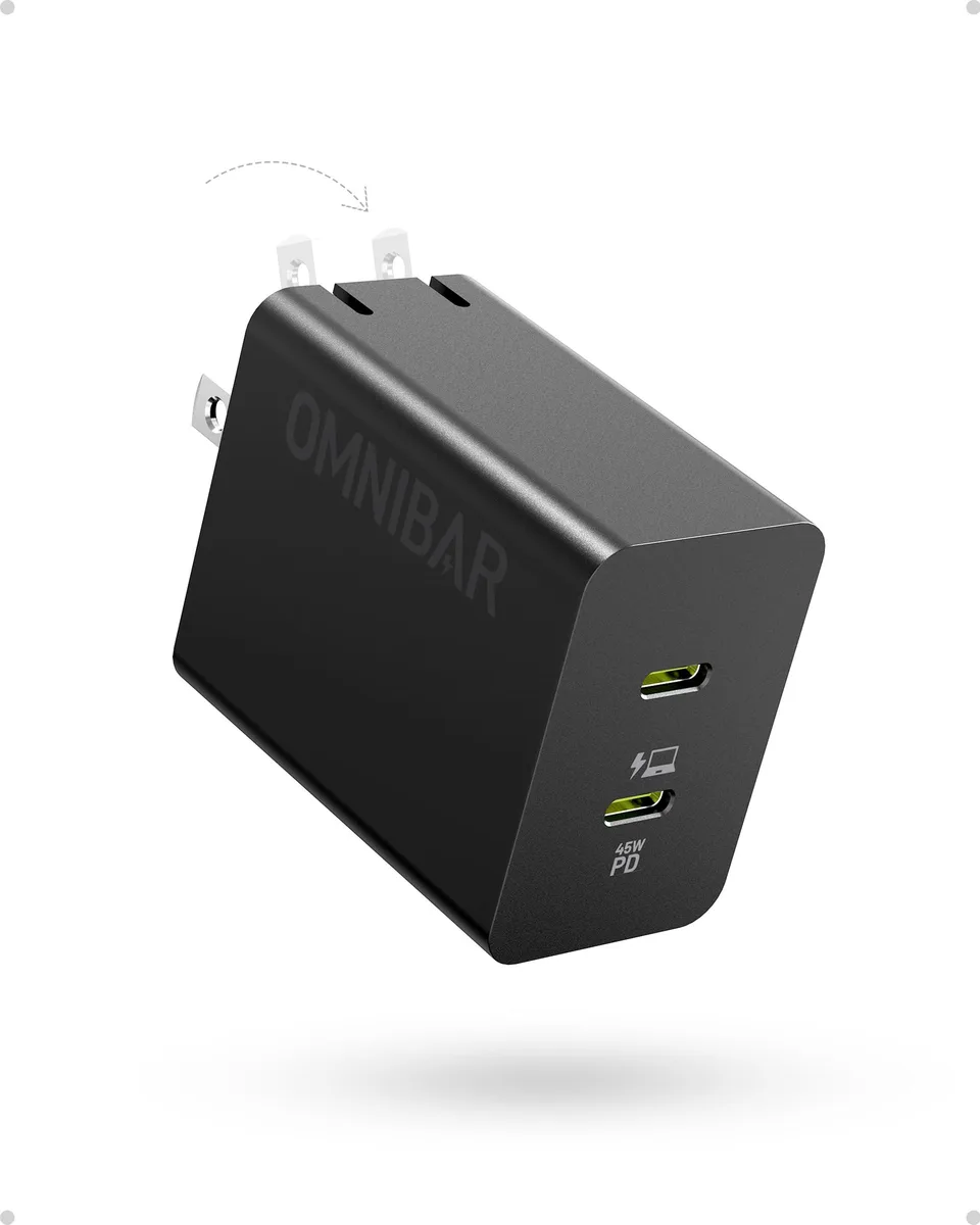  Omnibar CHG45A 45W Dual USB-C GaN Charger 2 Ports Foldable Plug Black — product photo