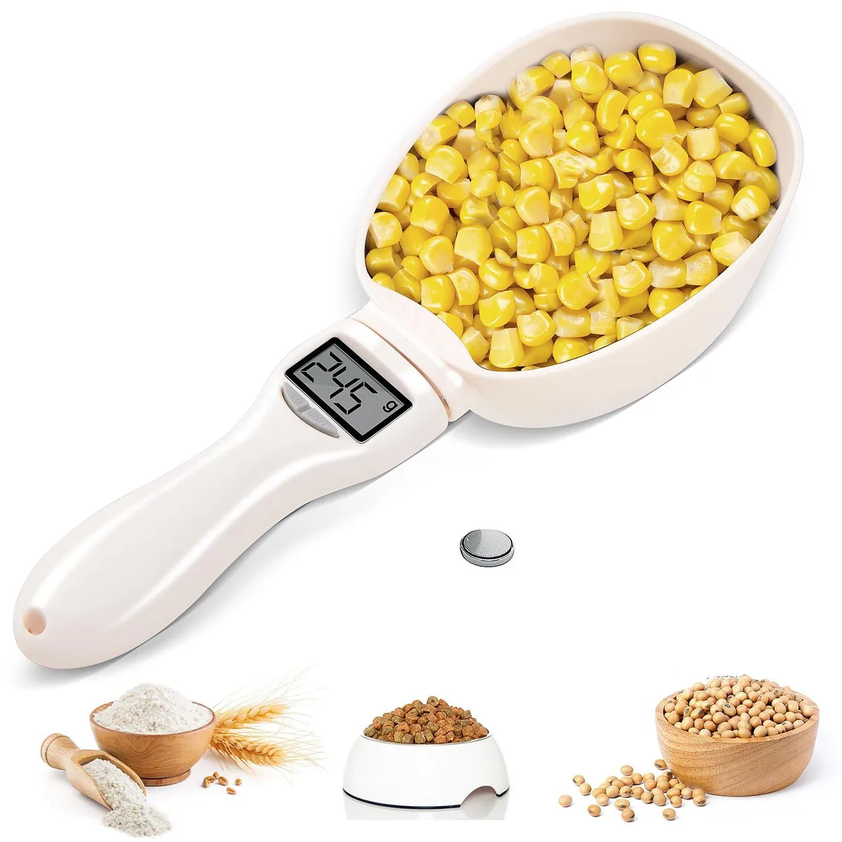 White plastic digital measuring spoon with LCD display and detachable scoop