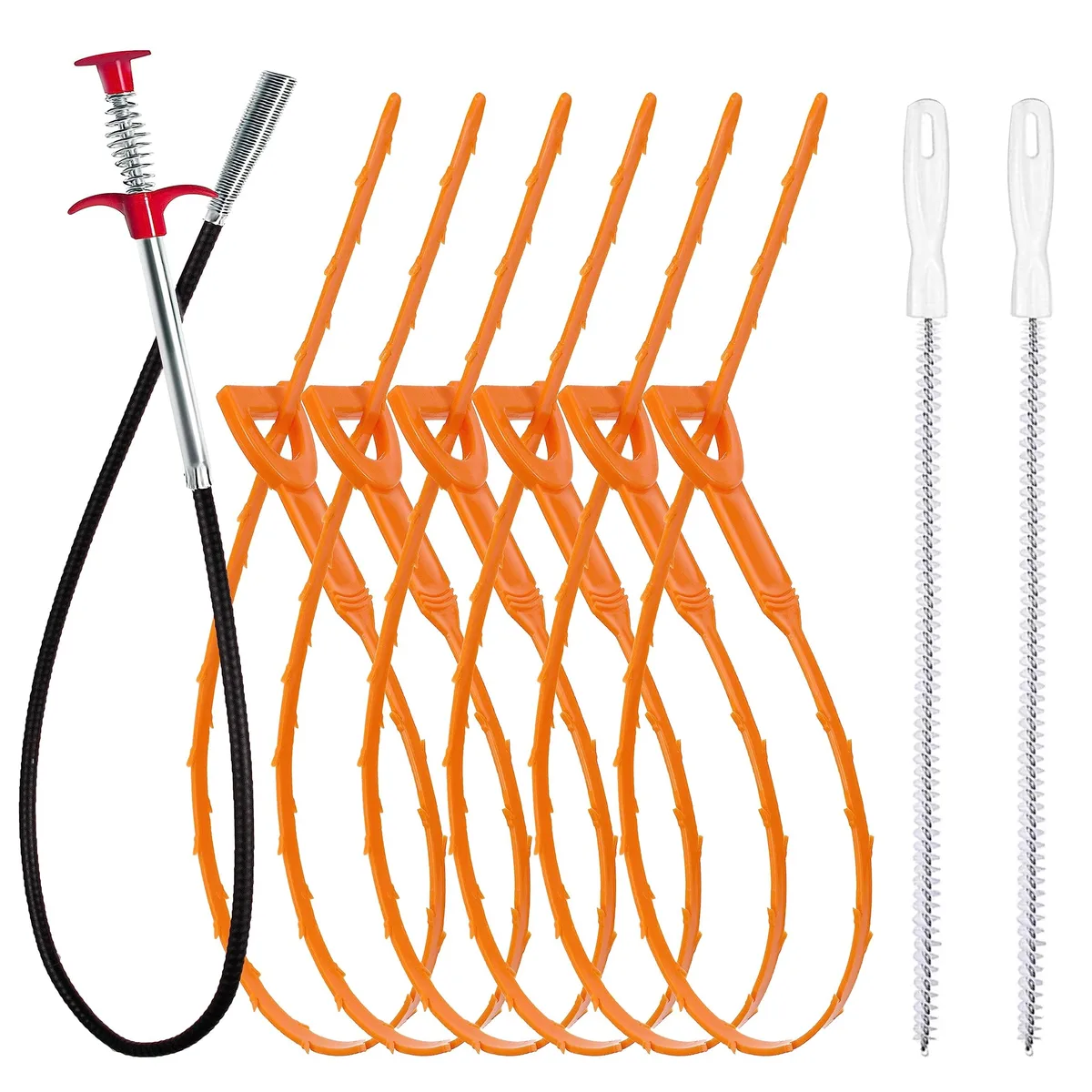 Nine-piece drain cleaning set with long metal claw tool, flexible plastic snakes and bendable brushes