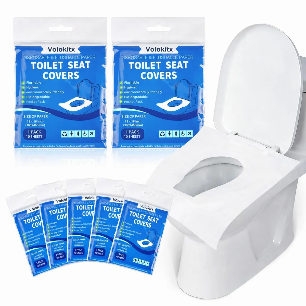Individually wrapped disposable flushable toilet seat covers in packs of ten, seventy total