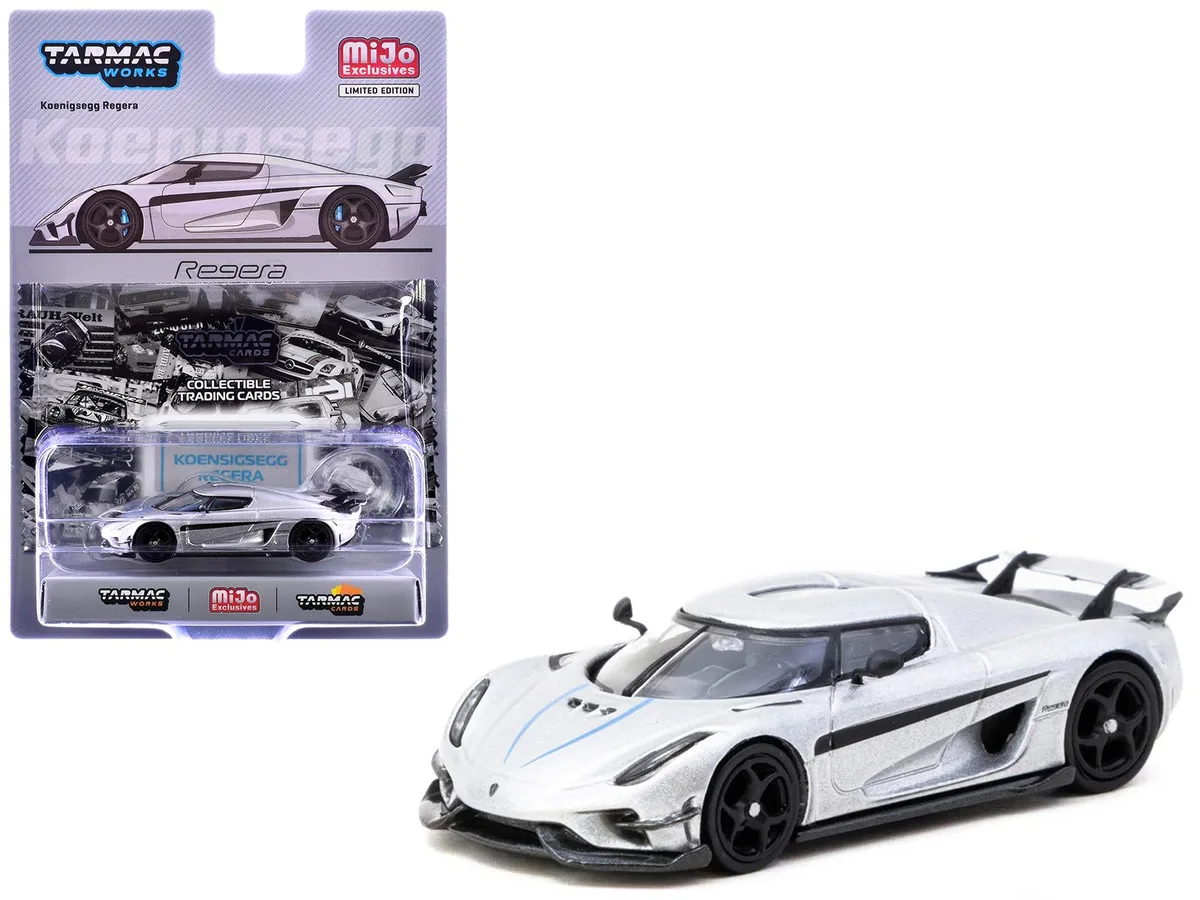 Tarmac Works Tarmac Works Koenigsegg Regera Silver Metallic Blue Accents 1/64 Diecast with Collectible Cards — product photo
