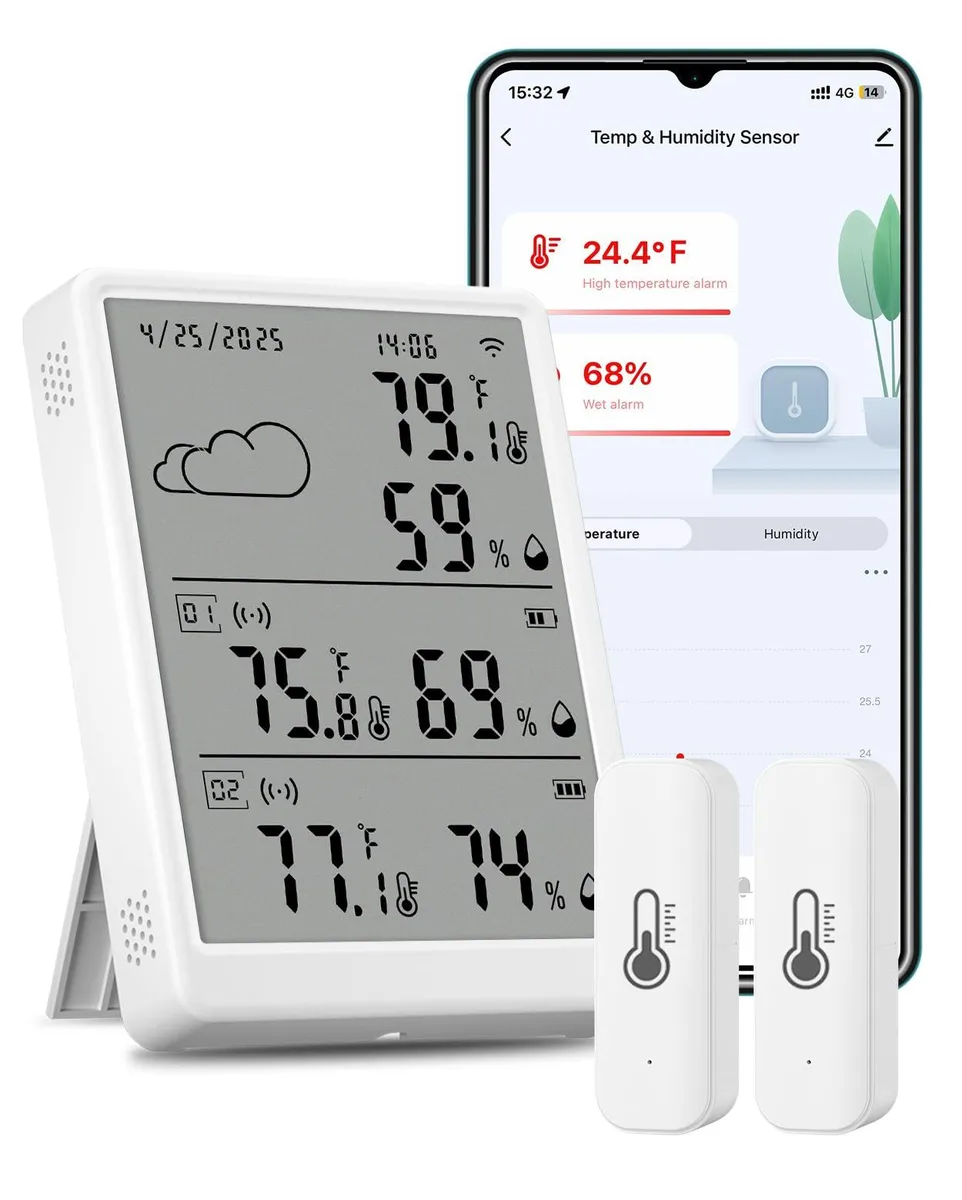 White rectangular main unit with LED display and two small wireless sensor cubes