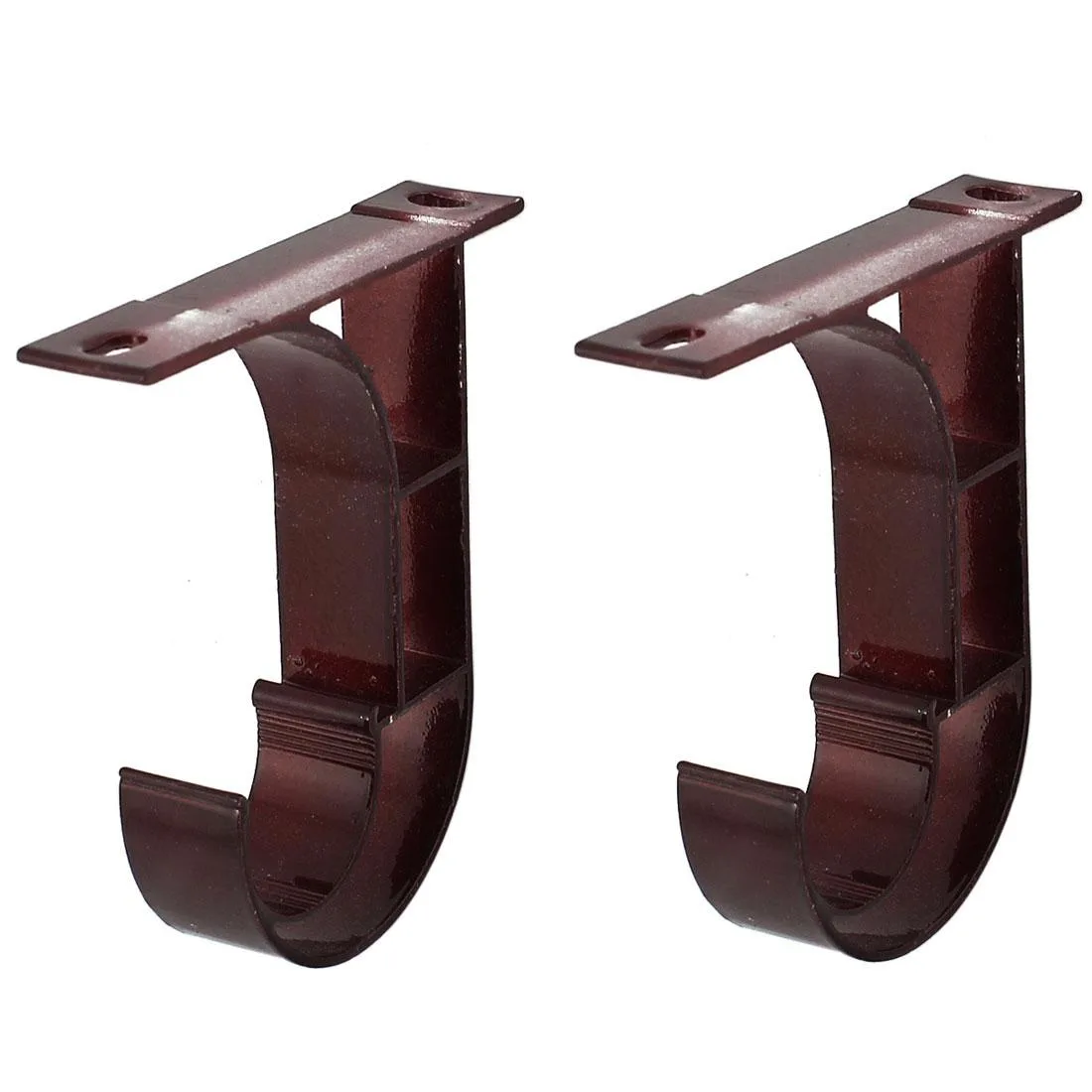 Two burgundy metal ceiling brackets with single groove for 1 inch rod