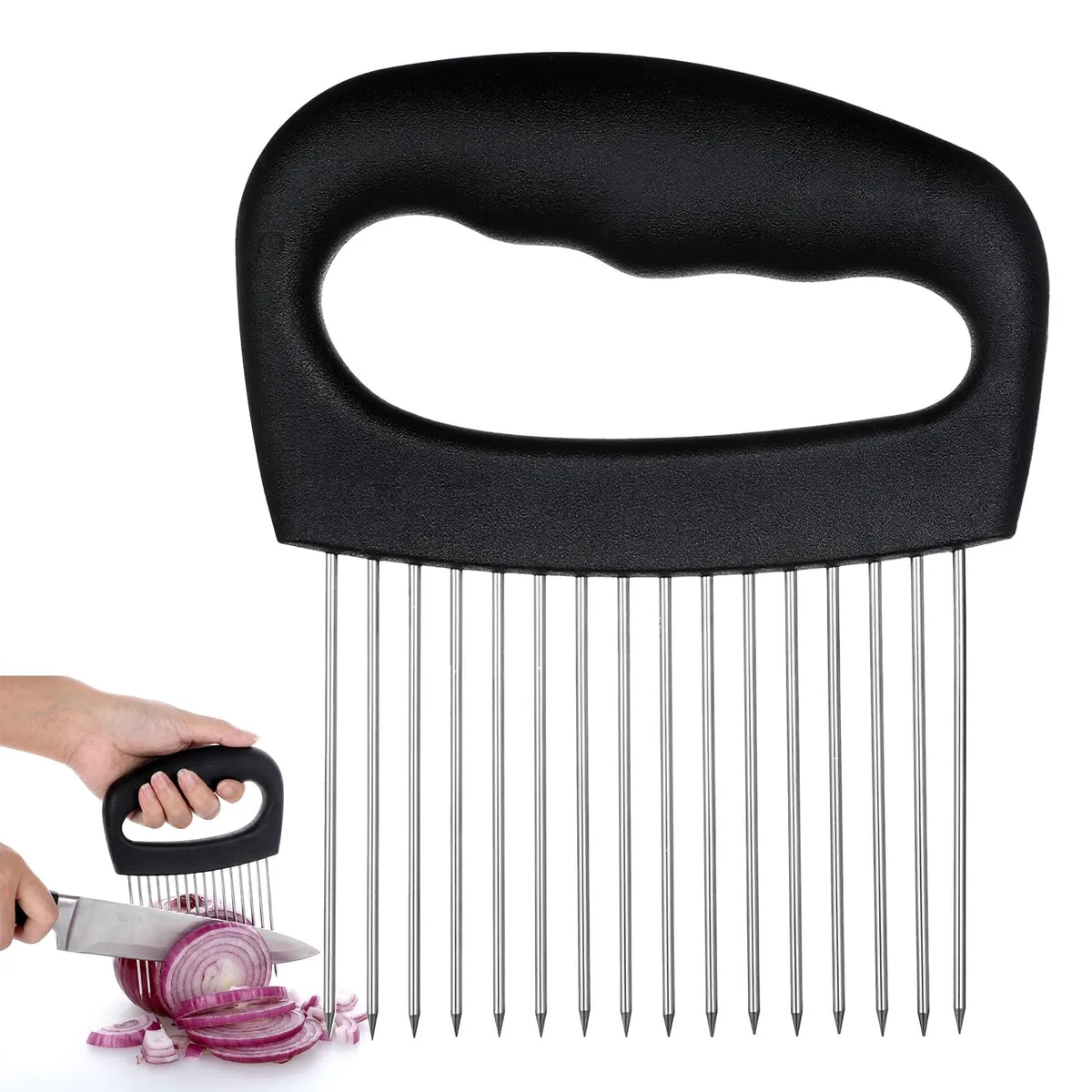 Stainless steel onion holder with 16 needles and TPR handles