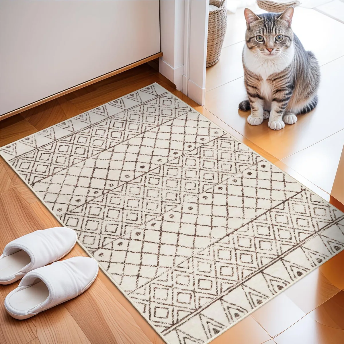 Rectangular beige polyester rug with low pile and non-slip backing