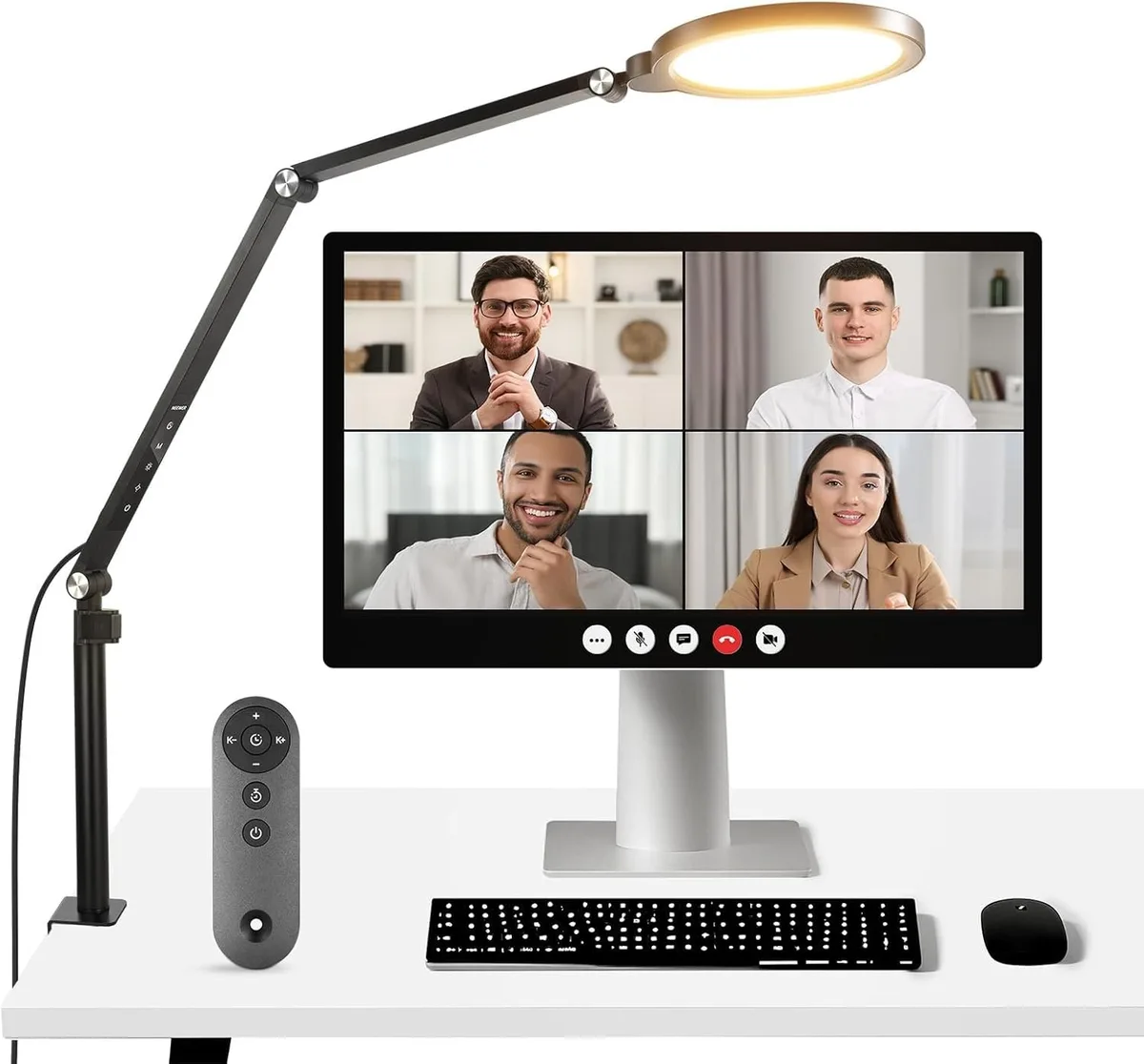 A circular 7-inch LED panel on an articulated arm with a desk clamp