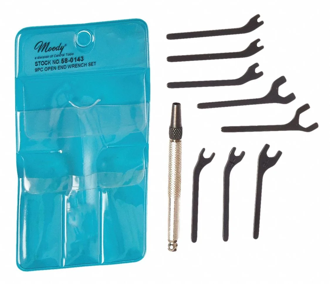 Nine-piece open-end wrench set in black oxide finish with vinyl pouch