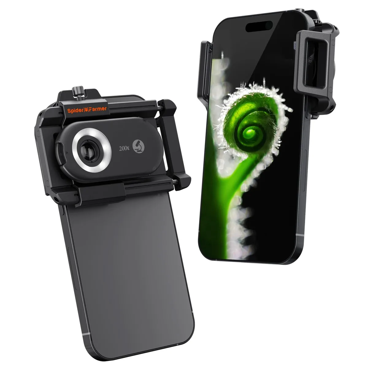Two white clip-on phone microscopes with built-in LED UV lights and CPL lens