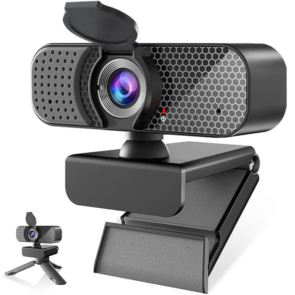Compact black USB webcam with privacy cover and adjustable clip