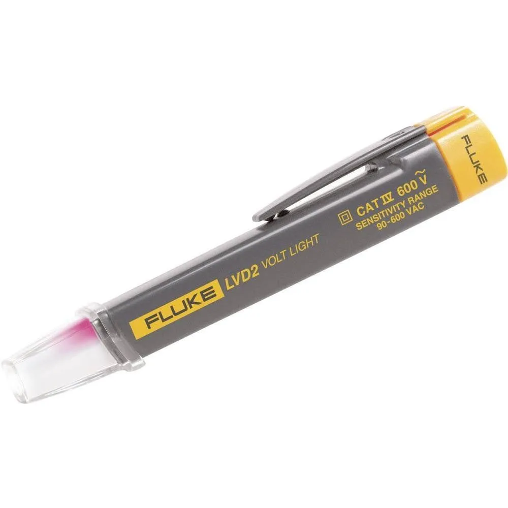 Yellow Fluke pen-style voltage tester with LED tip and pocket clip