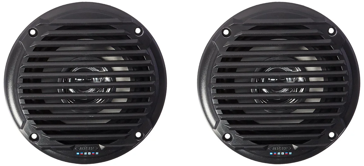 Pair of black 5.25 inch dual cone waterproof speakers with shallow mounting depth