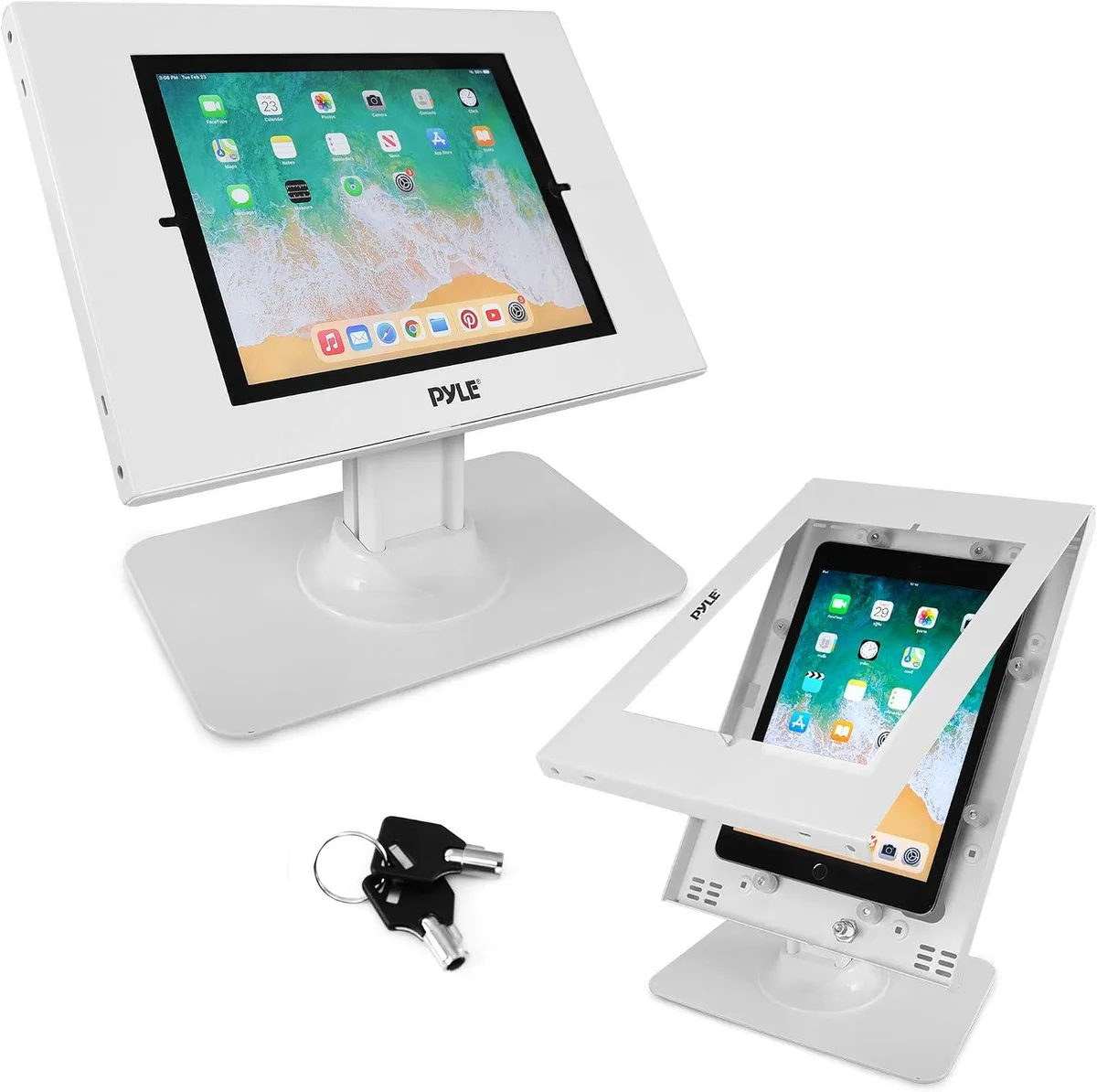 White tablet security stand with lockable enclosure, desk mount base, adjustable viewing angles