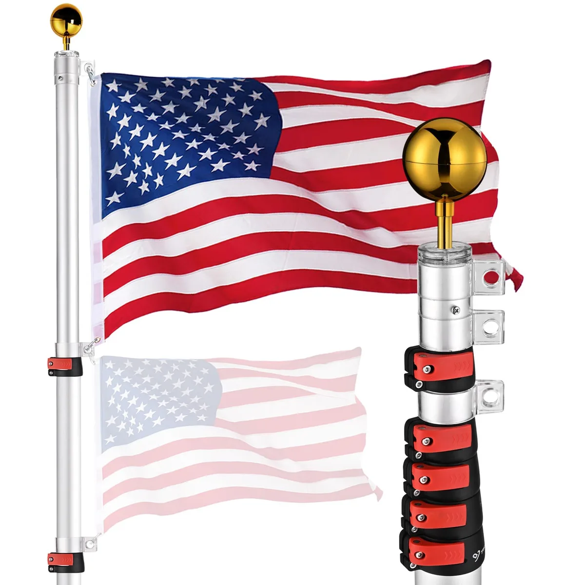 Yescom USA, Inc. Yescom USA, Inc. 22FLP005-30-F1 30ft Telescopic Flag Pole Kit with 3x5' US Flag Silver — product photo