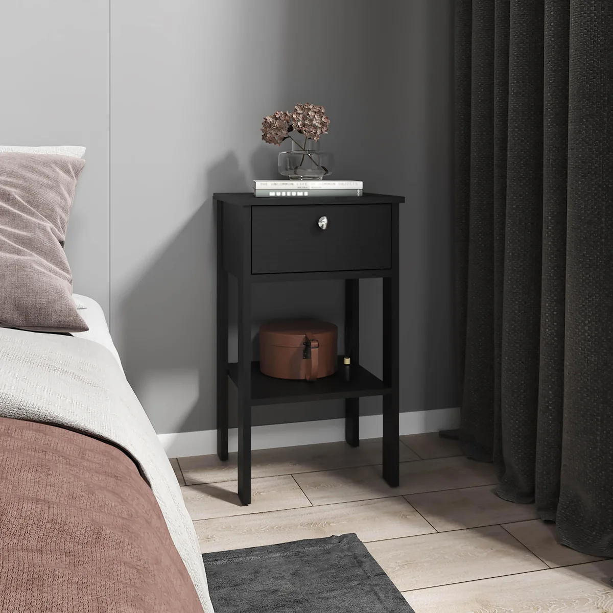 Black engineered wood nightstand with one drawer and open shelf on four legs