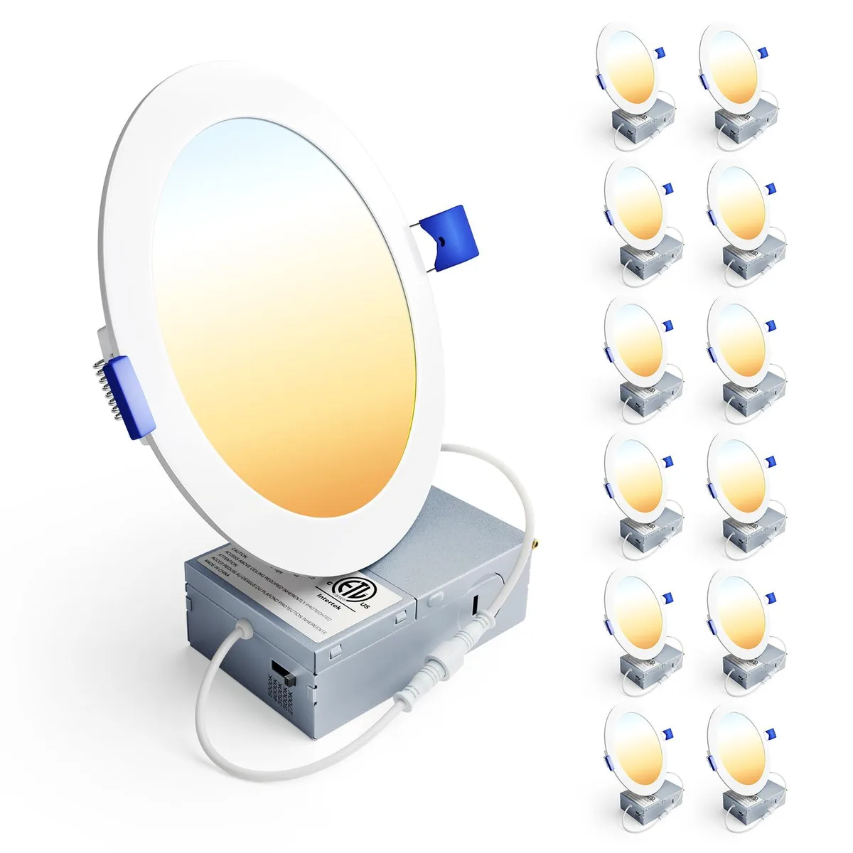 Twelve white ultra-thin 6-inch LED recessed downlights with clear prismatic lenses