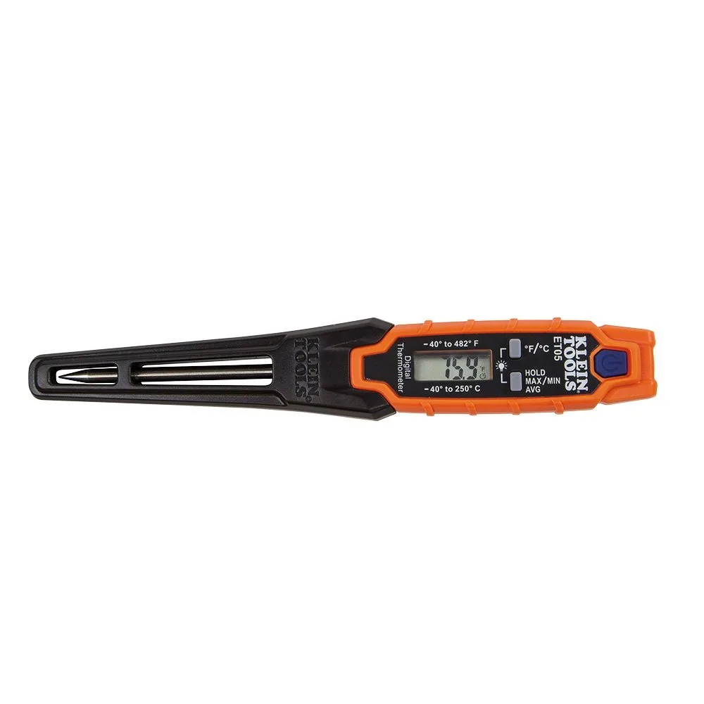 Klein Tools ET05 digital pocket thermometer with backlit display and protective sheath handle