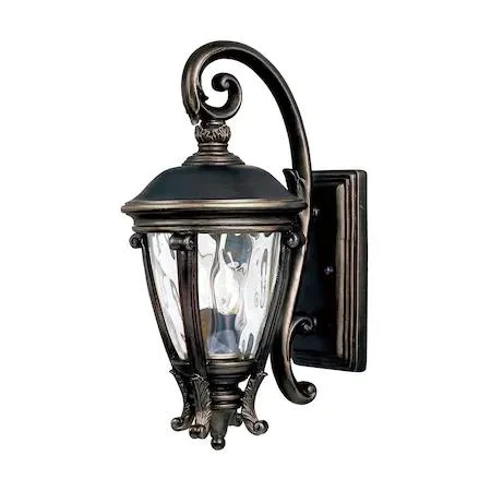 Golden bronze outdoor wall lantern, 8.5 inches wide, two lights, water glass panels