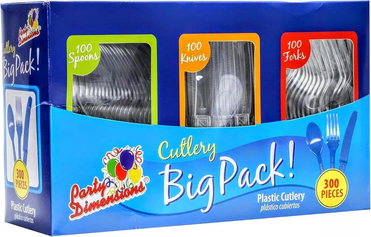 Clear plastic cutlery combo box holding 300 pieces