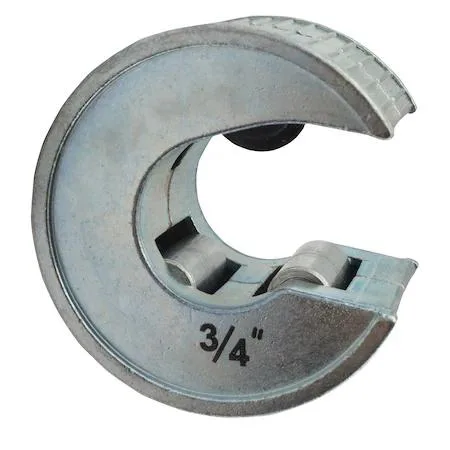Compact silver pipe cutter with black handles and rotating blade