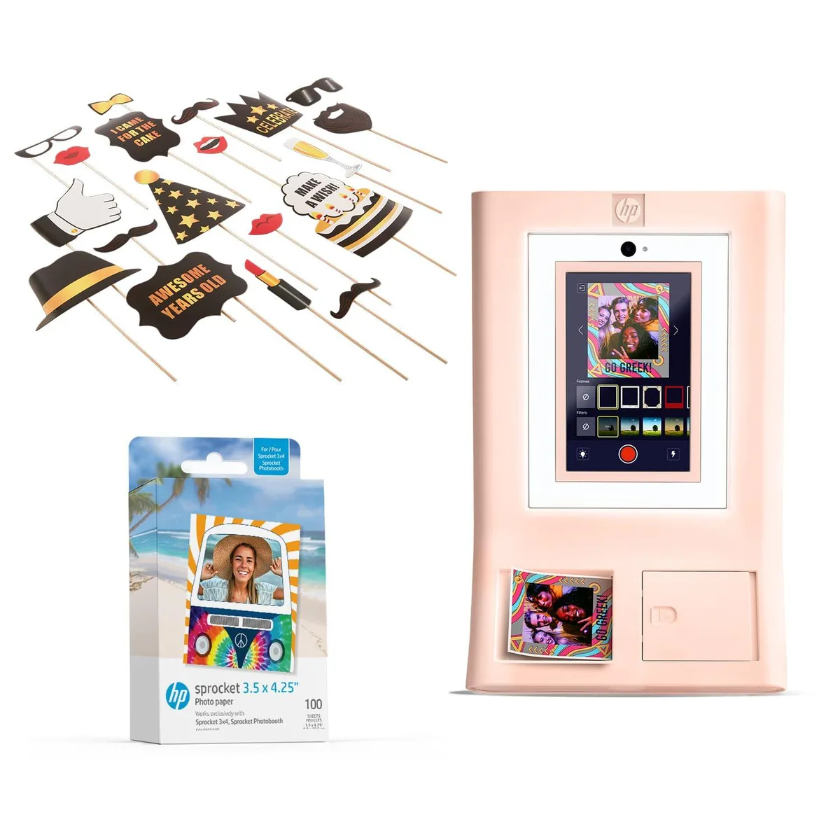 HP HP Sprocket Photo Booth Machine Instant Color Photo Printer Pink 100 Sheets Zink Paper 25 Props — product photo
