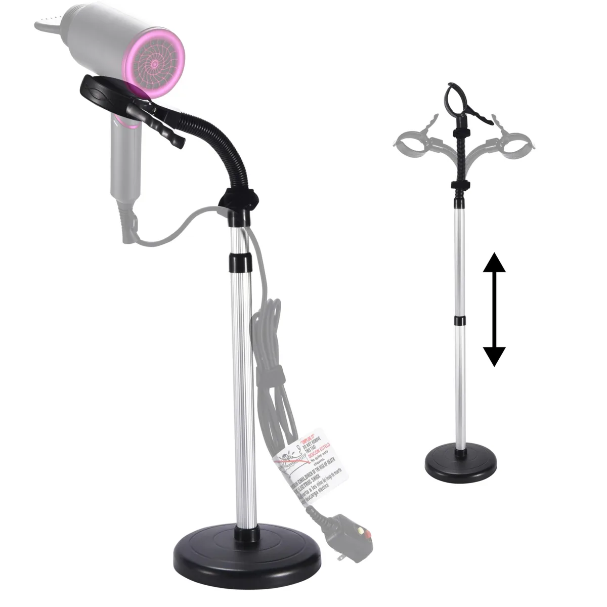 Hair Dryer Holder Black Hands-Free Drying Metal Stand 360° Rotation Adjustable Height — product photo
