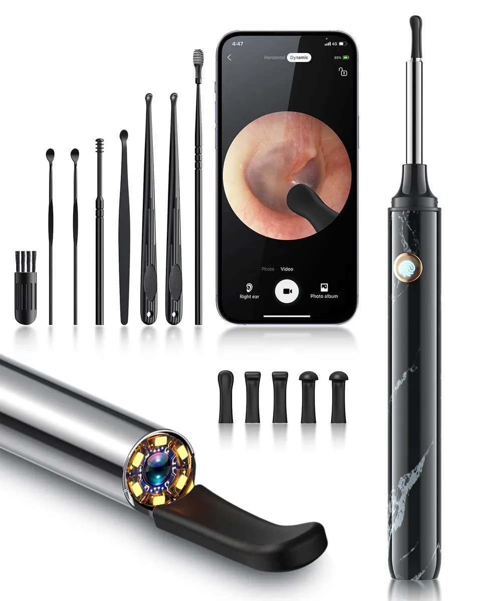 Black ear wax removal camera kit with main unit, charging cable and multiple silicone ear picks