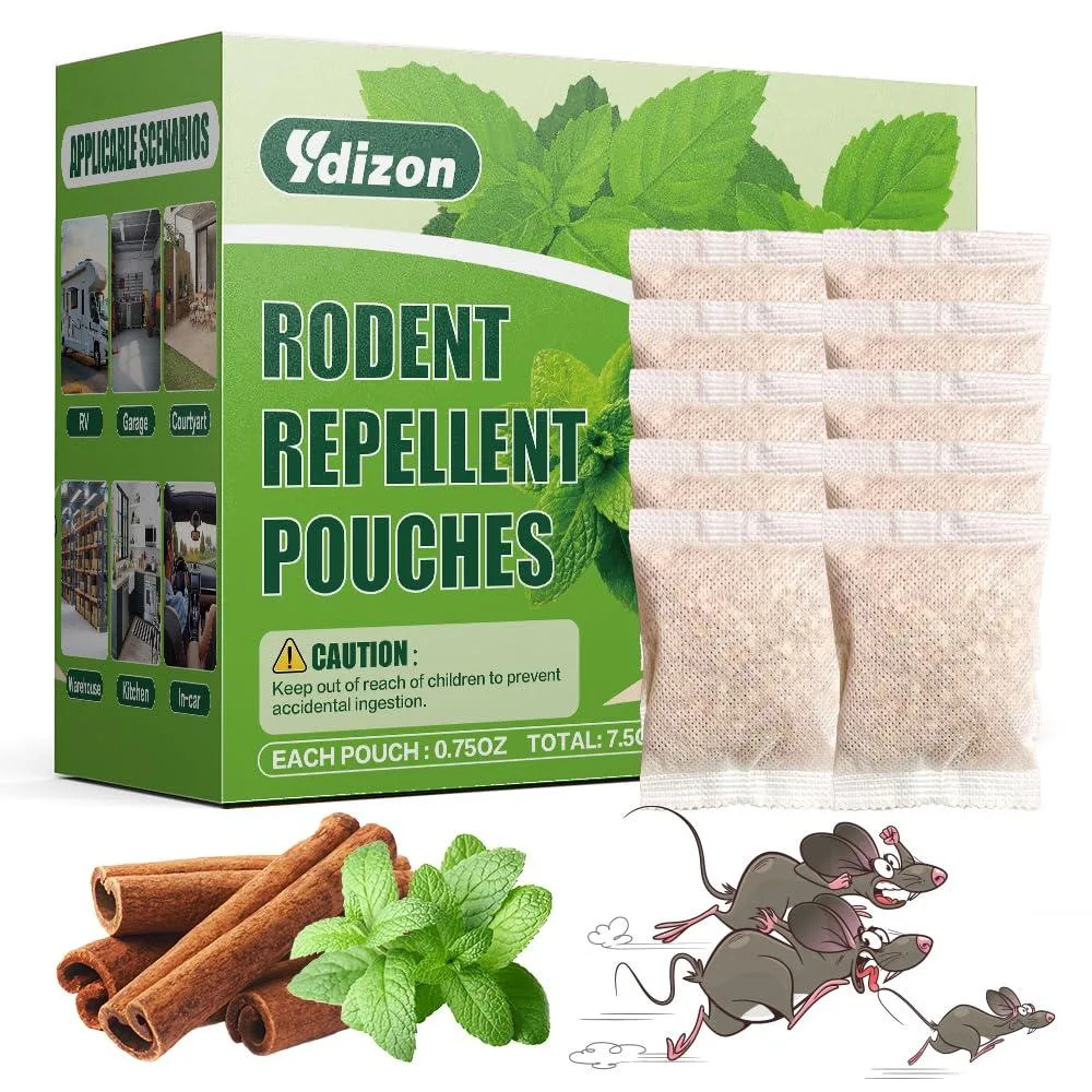 Ten sealed pouches of peppermint oil rodent repellent in a package