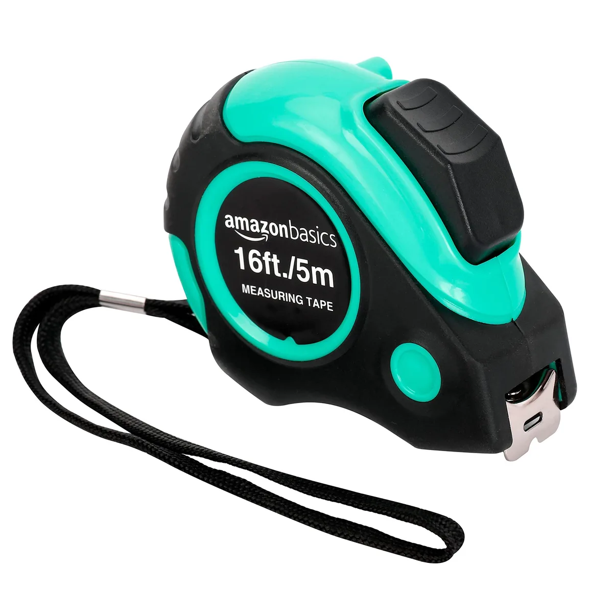 Turquoise retractable tape measure in compact case with belt clip and lanyard