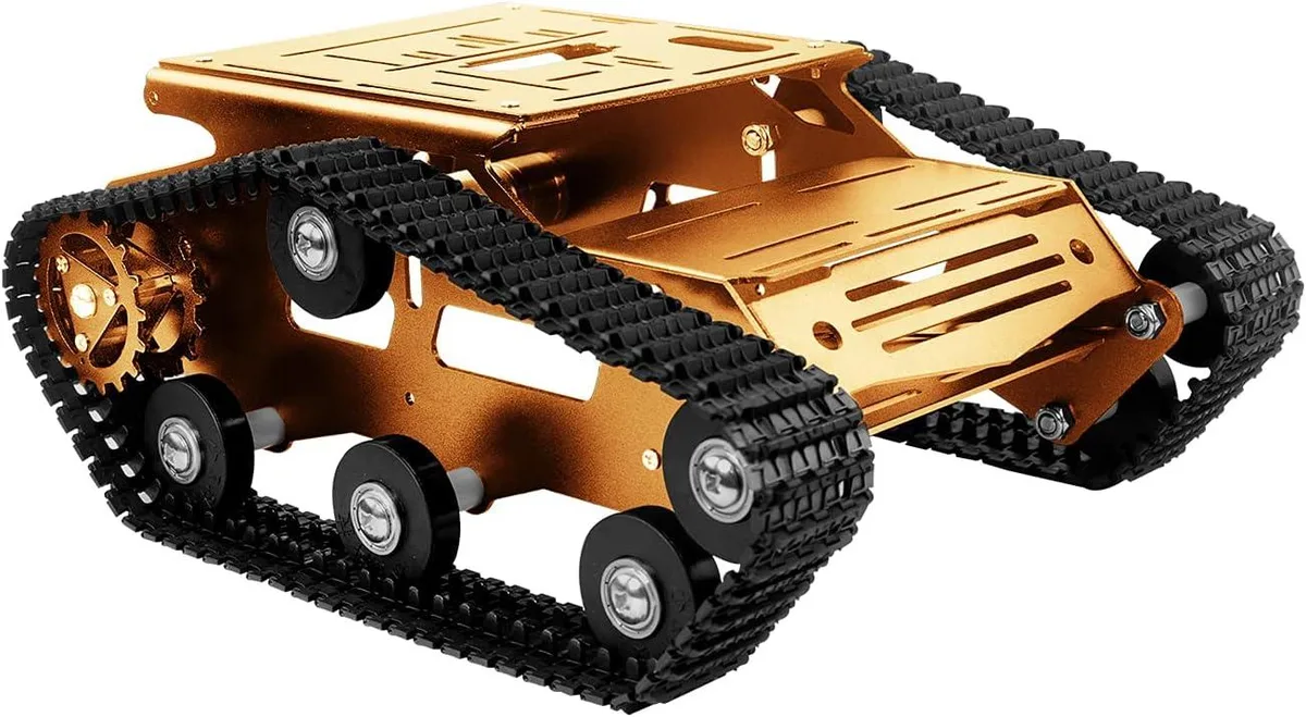 Metallic gold aluminum alloy tracked robot chassis kit with two motors and plastic tracks, unassembled
