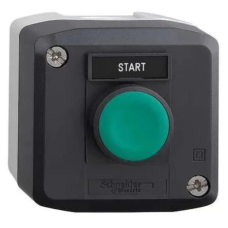 Schneider Electric control station with green 22 mm push button in dark grey plastic enclosure