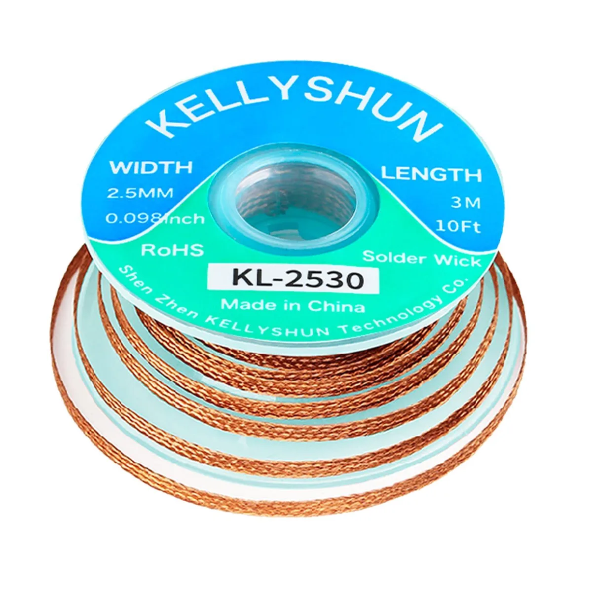  KELLYSHUN Solder Wick 10Ft 0.1 inch 3 Piece Flux 2 Piece Braid — product photo