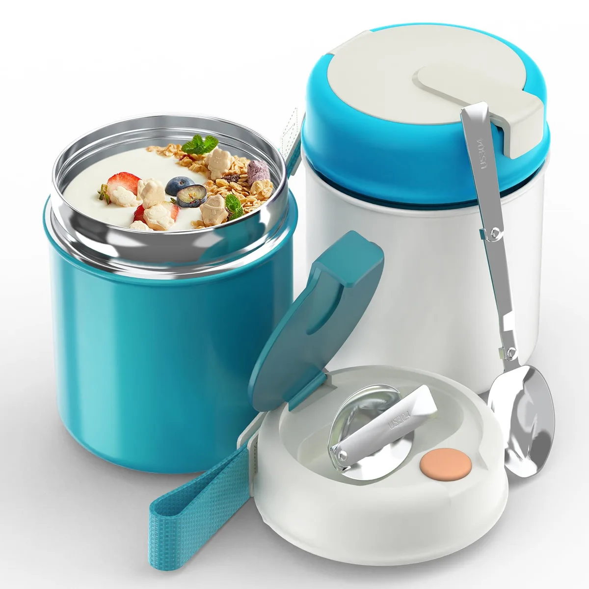 Green and white insulated food jar with folding spoon and handle