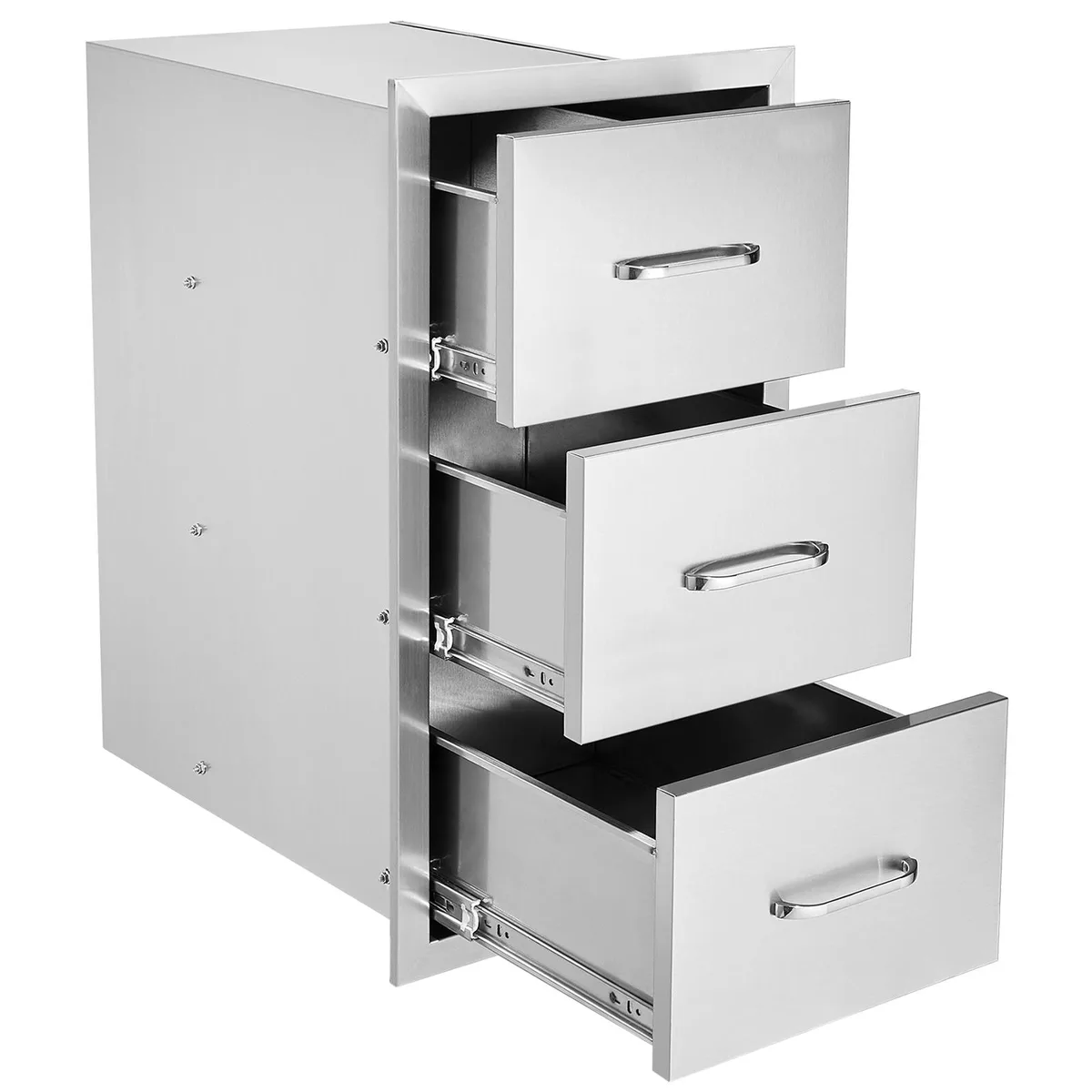 Stainless steel three-tier flush-mount BBQ drawers with brushed finish and handles